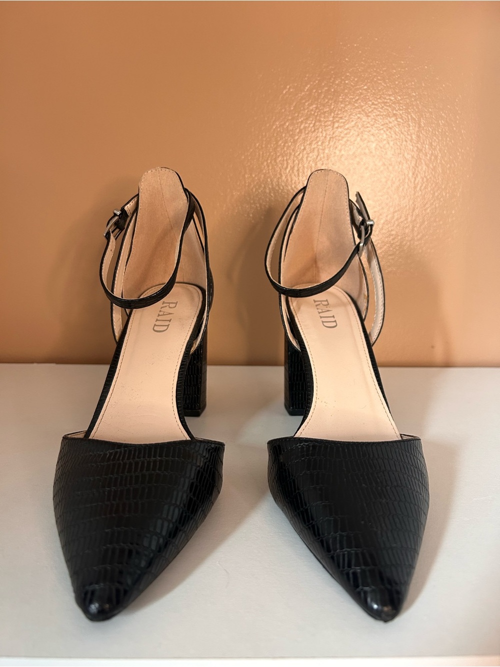 RAID Black Croc-Embossed Pointed Toe Ankle-Strap Block Heels